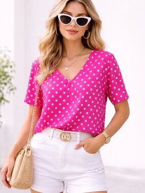 Polka Do Top Pink S V Neck